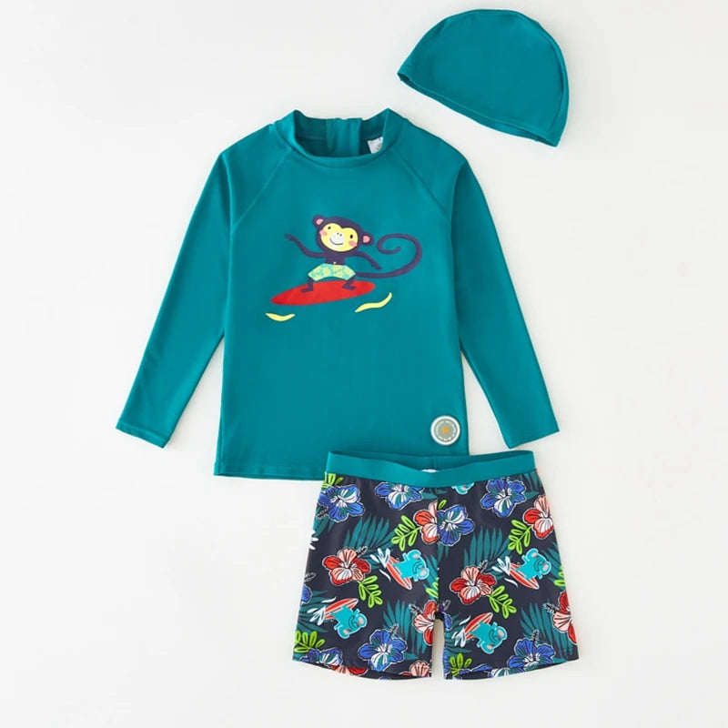 Boy's Swimsuit Long Sleeves Children's Rash Guard Swimming Trunks UPF50 UV Protection Boys Swimwear Dinosaur Bathing Suit Kids