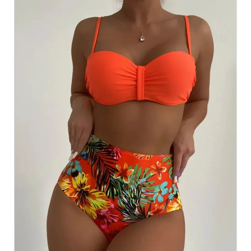 Sexy Bandeau Bikini Women Swimsuit Floral Printing High Waist Bikinis Set Female Summer Swimming Bathing Suits Brazilian Biquini