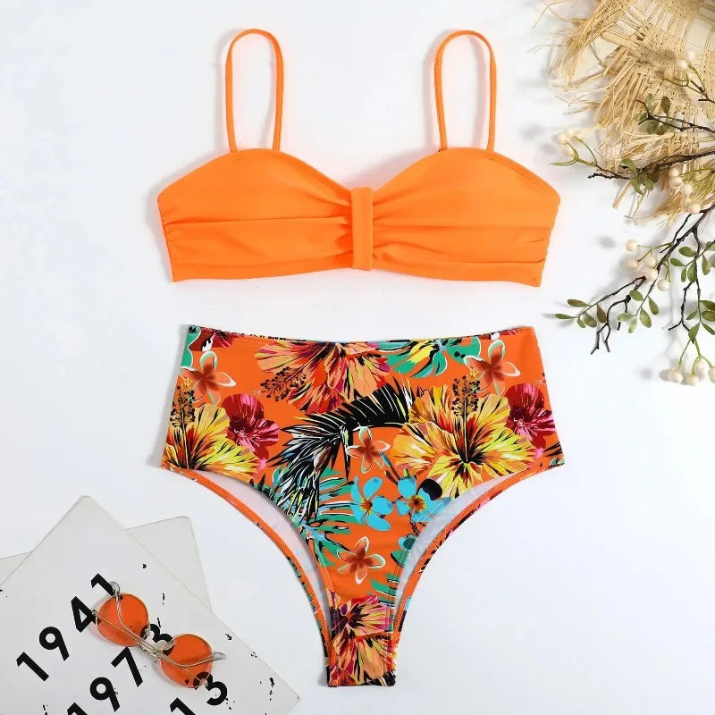 Sexy Bandeau Bikini Women Swimsuit Floral Printing High Waist Bikinis Set Female Summer Swimming Bathing Suits Brazilian Biquini
