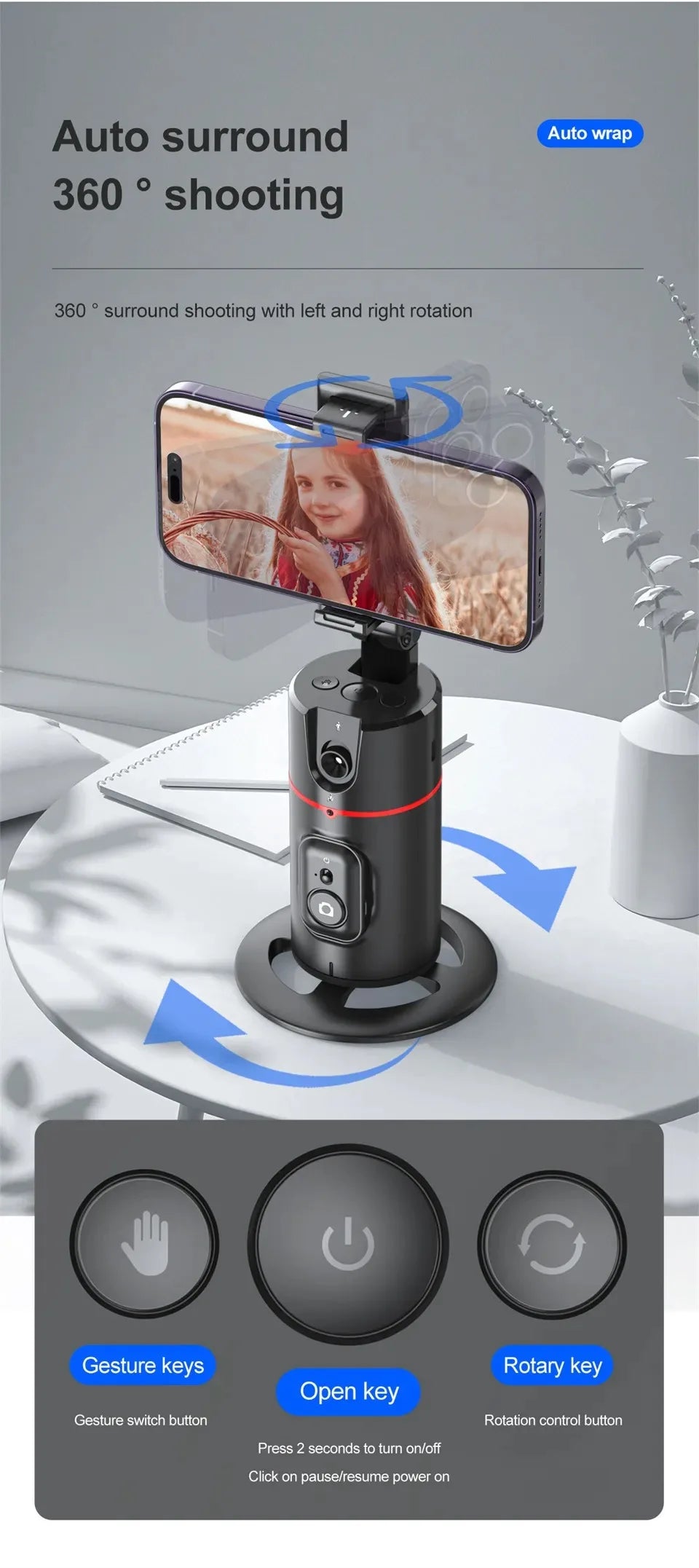 Auto Face Tracking Tripod 360°Rotation,No App, Gesture Recognition Phone Camera Mount Smart Shooting Phone Holder for Live Video