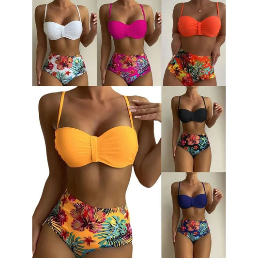 Sexy Bandeau Bikini Women Swimsuit Floral Printing High Waist Bikinis Set Female Summer Swimming Bathing Suits Brazilian Biquini