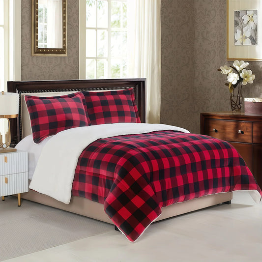 1pc Cozy Sherpa Luxury Shearling-Style Buffalo Plaid Throw Blanket - Ultra-Soft Reversible Faux Fur Fleece, Black & Red Tartan