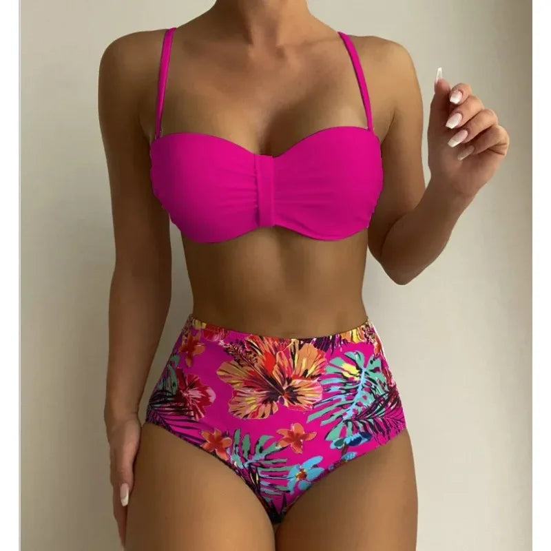 Sexy Bandeau Bikini Women Swimsuit Floral Printing High Waist Bikinis Set Female Summer Swimming Bathing Suits Brazilian Biquini