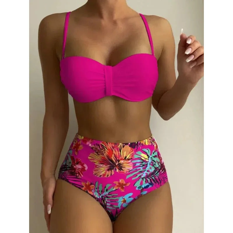 Sexy Bandeau Bikini Women Swimsuit Floral Printing High Waist Bikinis Set Female Summer Swimming Bathing Suits Brazilian Biquini
