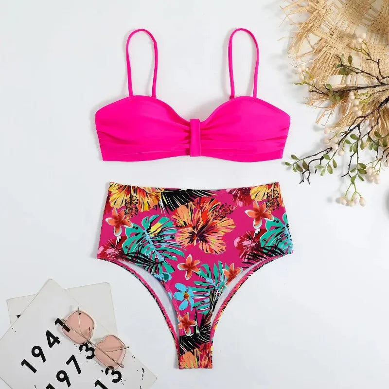 Sexy Bandeau Bikini Women Swimsuit Floral Printing High Waist Bikinis Set Female Summer Swimming Bathing Suits Brazilian Biquini