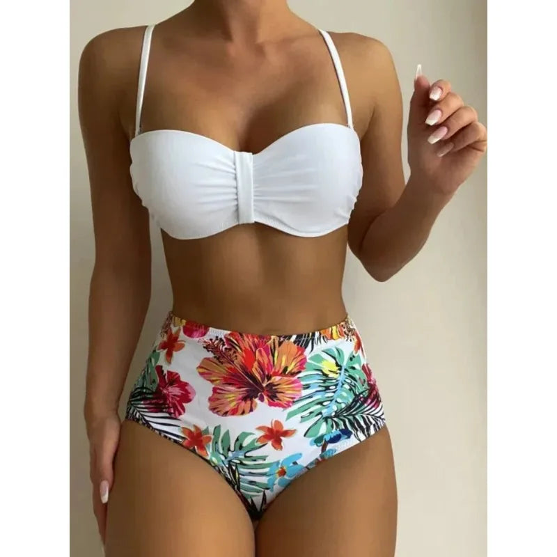 Sexy Bandeau Bikini Women Swimsuit Floral Printing High Waist Bikinis Set Female Summer Swimming Bathing Suits Brazilian Biquini