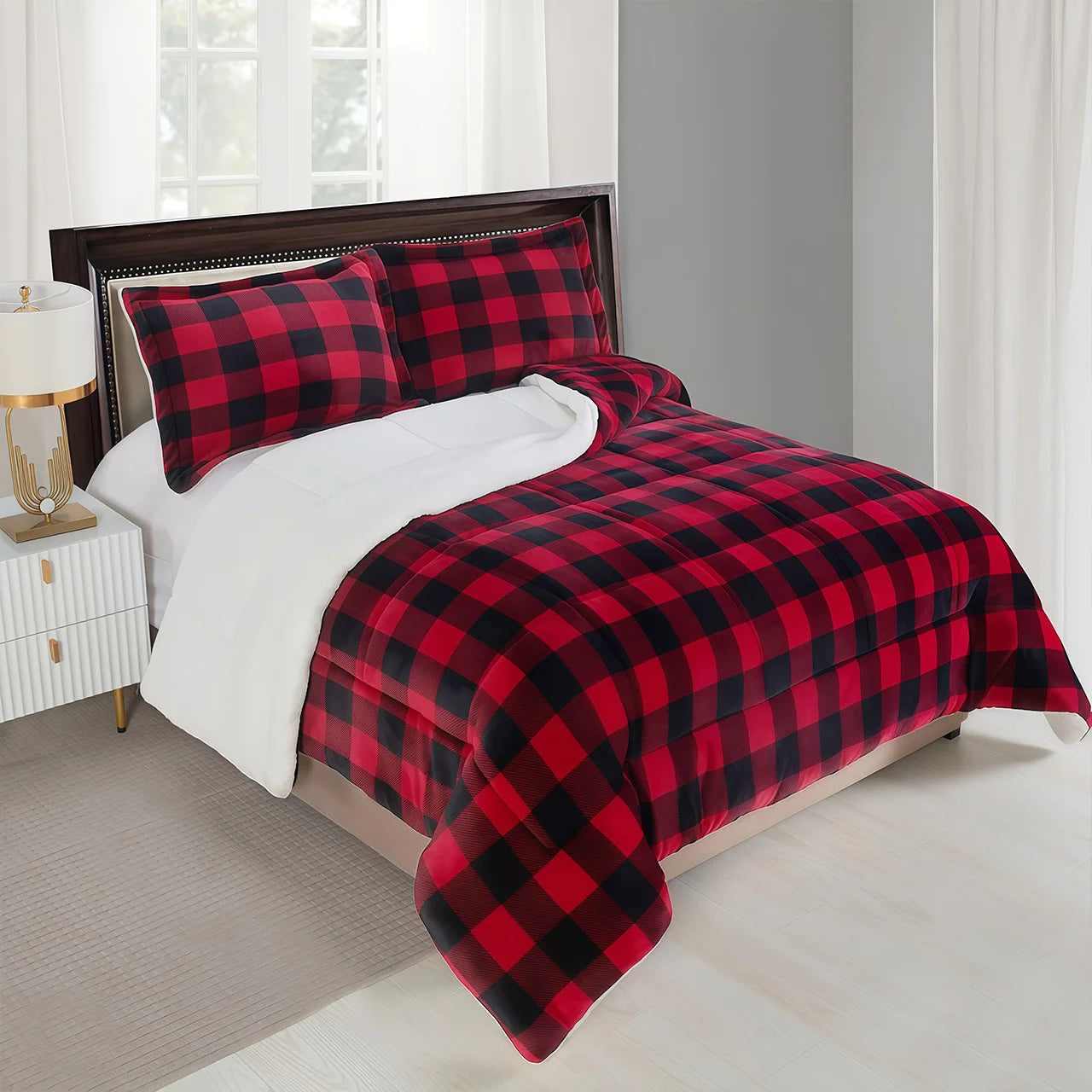 1pc Cozy Sherpa Luxury Shearling-Style Buffalo Plaid Throw Blanket - Ultra-Soft Reversible Faux Fur Fleece, Black & Red Tartan