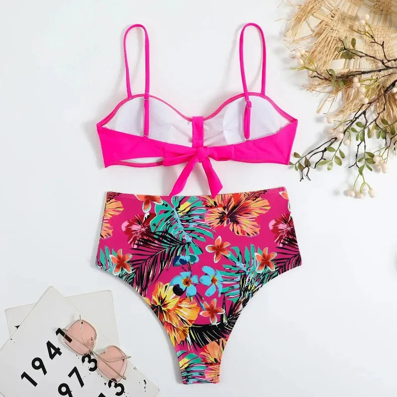 Sexy Bandeau Bikini Women Swimsuit Floral Printing High Waist Bikinis Set Female Summer Swimming Bathing Suits Brazilian Biquini