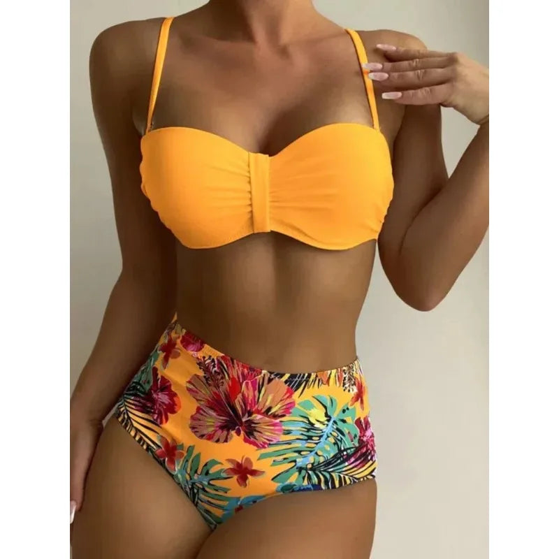 Sexy Bandeau Bikini Women Swimsuit Floral Printing High Waist Bikinis Set Female Summer Swimming Bathing Suits Brazilian Biquini