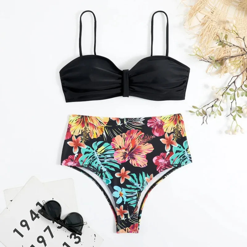 Sexy Bandeau Bikini Women Swimsuit Floral Printing High Waist Bikinis Set Female Summer Swimming Bathing Suits Brazilian Biquini