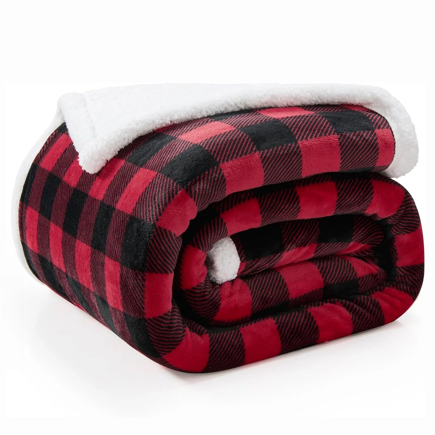 1pc Cozy Sherpa Luxury Shearling-Style Buffalo Plaid Throw Blanket - Ultra-Soft Reversible Faux Fur Fleece, Black & Red Tartan