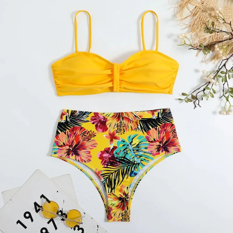 Sexy Bandeau Bikini Women Swimsuit Floral Printing High Waist Bikinis Set Female Summer Swimming Bathing Suits Brazilian Biquini