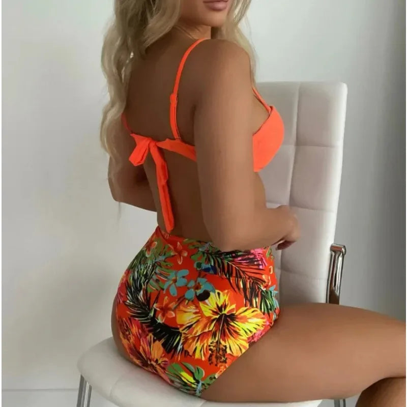 Sexy Bandeau Bikini Women Swimsuit Floral Printing High Waist Bikinis Set Female Summer Swimming Bathing Suits Brazilian Biquini