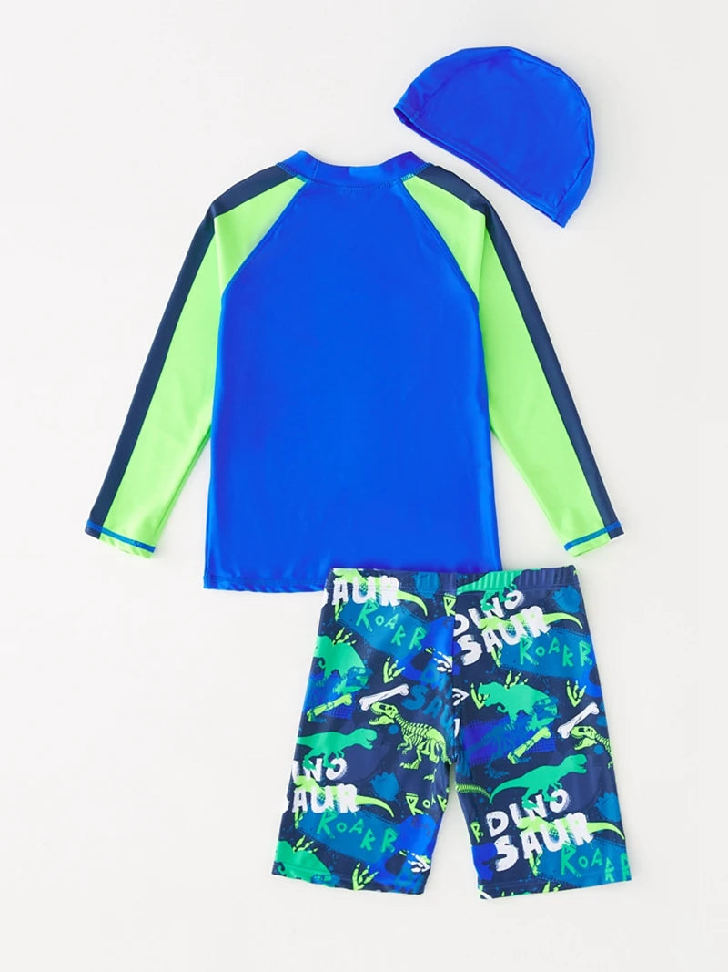 Boy's Swimsuit Long Sleeves Children's Rash Guard Swimming Trunks UPF50 UV Protection Boys Swimwear Dinosaur Bathing Suit Kids