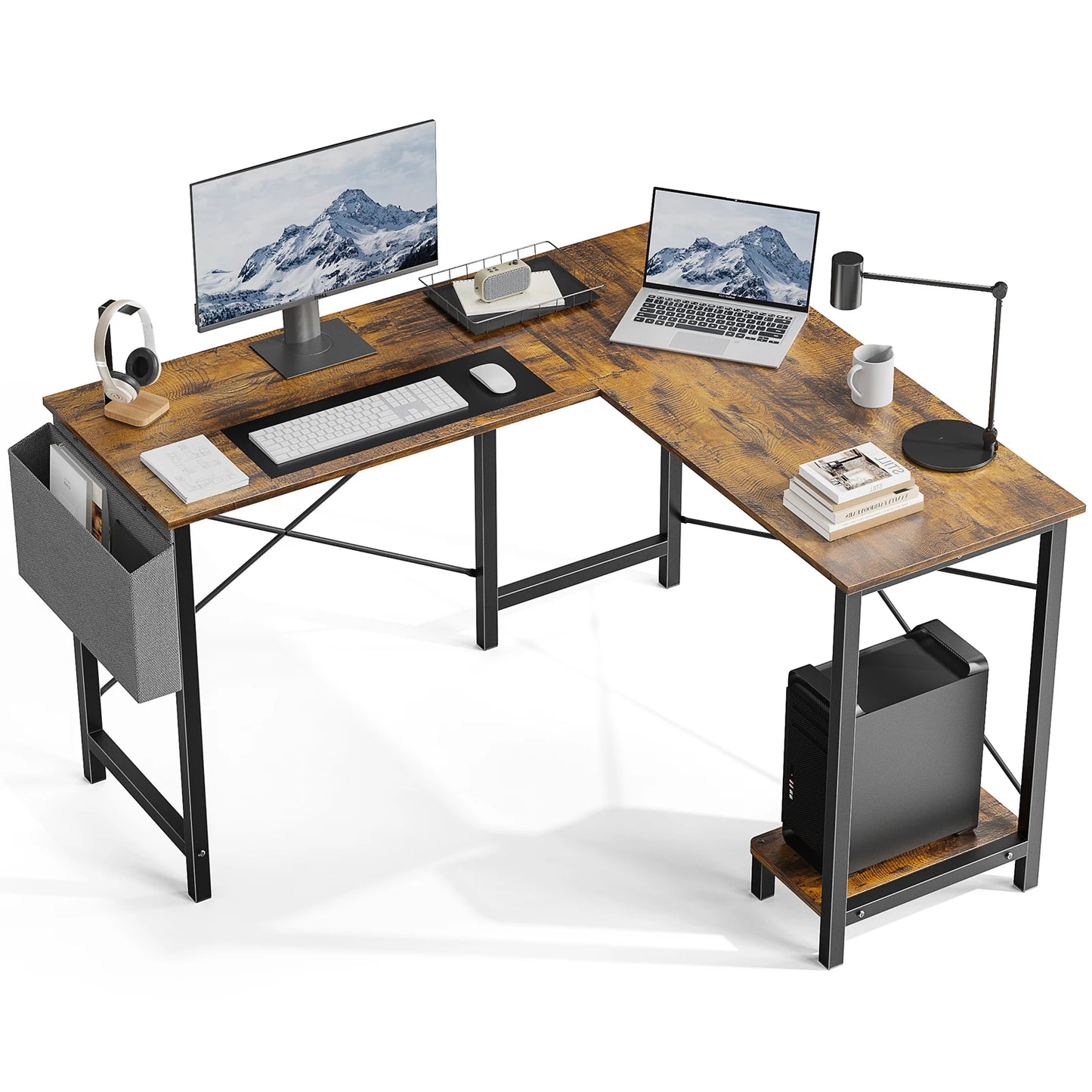 JHK Gaming Corner 50 Inch Office Writing PC Wooden Table with CPU Storage Shelf & Side Bag for Home Office Bedroom Small Space
