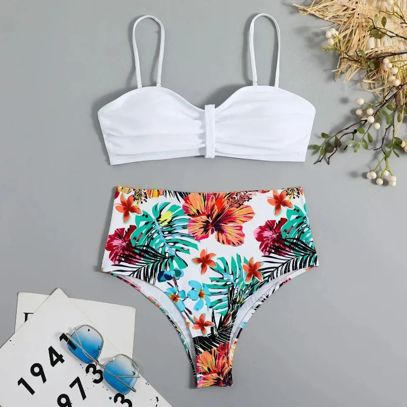 Sexy Bandeau Bikini Women Swimsuit Floral Printing High Waist Bikinis Set Female Summer Swimming Bathing Suits Brazilian Biquini