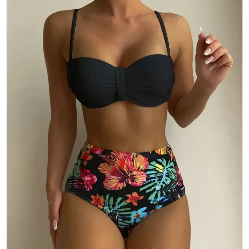 Sexy Bandeau Bikini Women Swimsuit Floral Printing High Waist Bikinis Set Female Summer Swimming Bathing Suits Brazilian Biquini